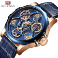 MINI FOCUS 0249 G Top Brand Leather Strap Men Watches Stereo Carving Hollow Dial Gear Gyro Rotating Wheels Dial Men Watch
